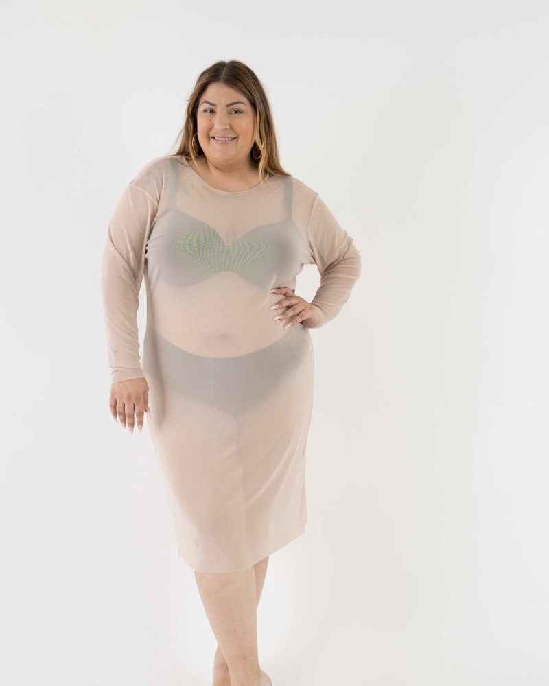 Front of a model wearing a size 1-2X The Ghost Mesh Xray Dress with a Jewel Neckline in Nude by Sante Grace. | dia_product_style_image_id:237534